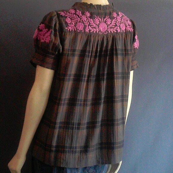 Sister Mary Cotton Plaid Purple floral Embroidered Camilla Top XS - Picture 4 of 9